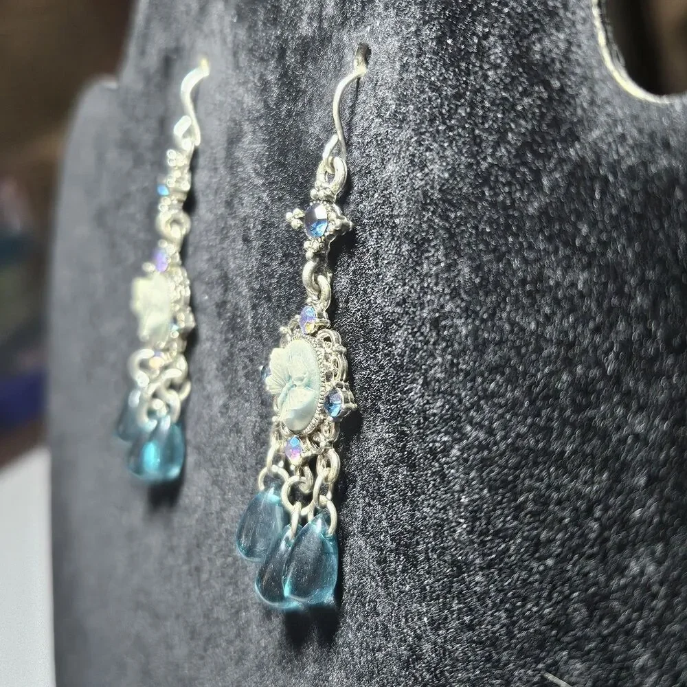 Silver Tone Blue Butterfly Cameo Chandelier Blue Glass Earrings